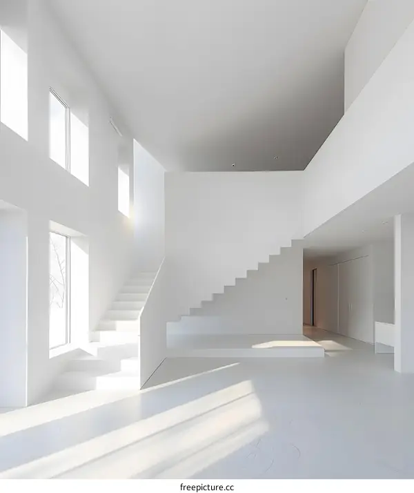 Minimalist White Interior Design with Staircase and Windows