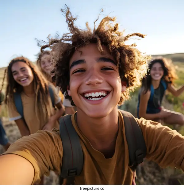 Happy Group of Friends Taking a Selfie on a Hiking Trip