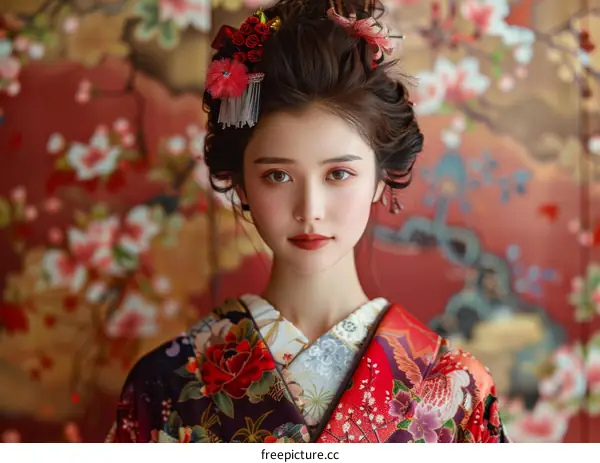 Beautiful Asian Woman Wearing Traditional Kimono with Floral Pattern