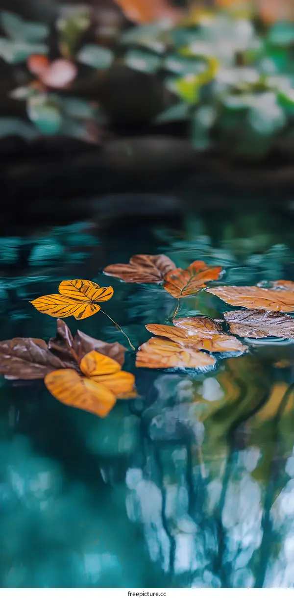 Autumn Leaves Floating on Water