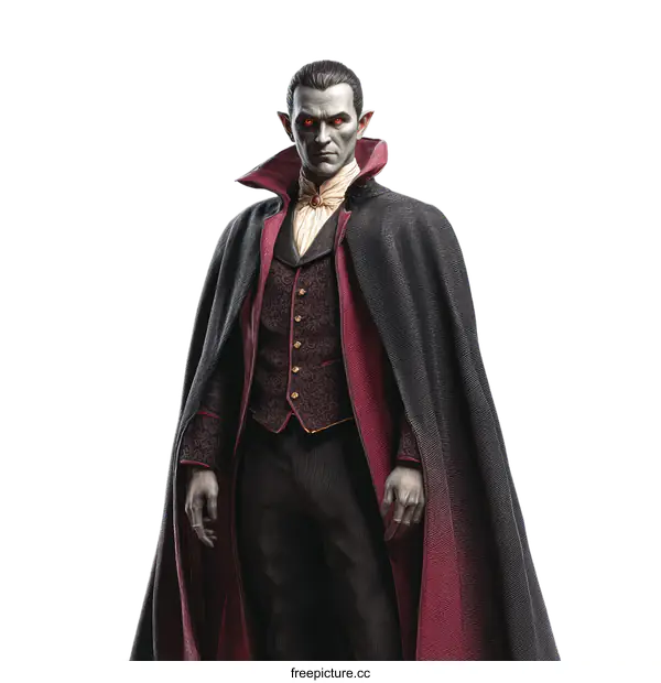 [Transparent Background PNG]A mysterious vampire with dark cape and red eyes standing alone