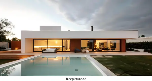 Modern House With Swimming Pool And Large Windows