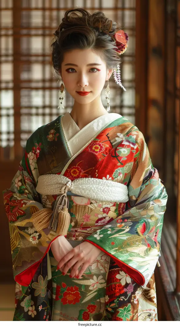 Portrait of a beautiful Japanese woman in traditional kimono