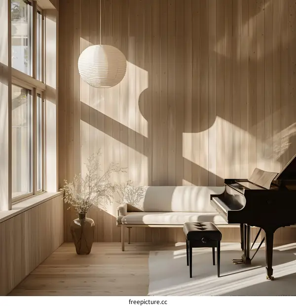 Minimalist Living Room with Grand Piano and Sunlight Streaming Through Window