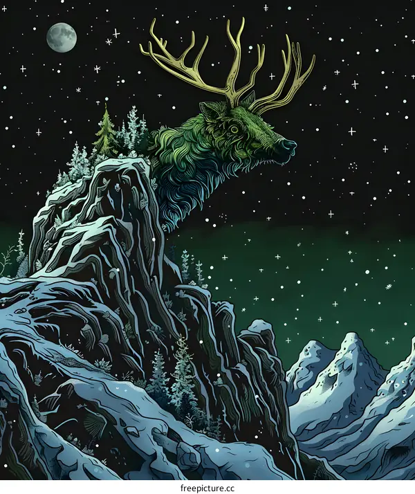 Mountain Deer Night Sky Illustration