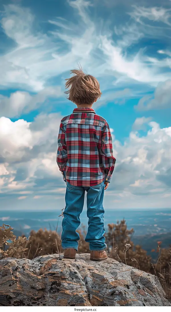 Little boy standing on a rock looking at the view