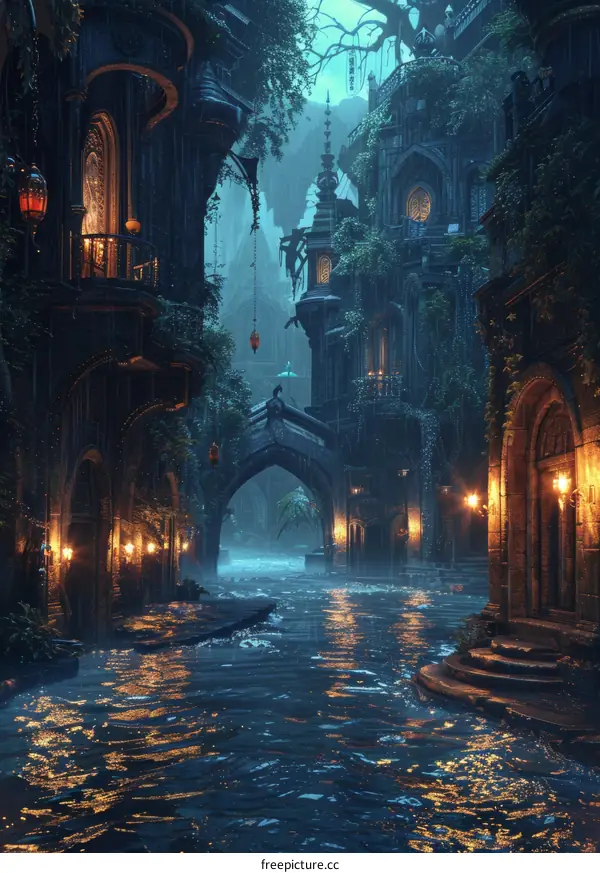 Gloomy city street with a river flowing through it