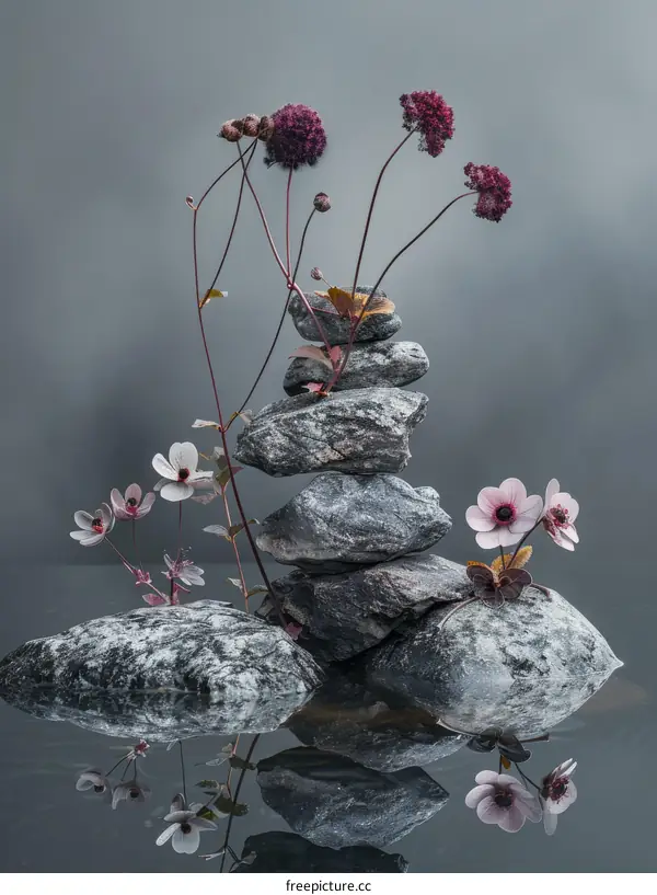 Stones and flowers composition on a reflective surface with gray background