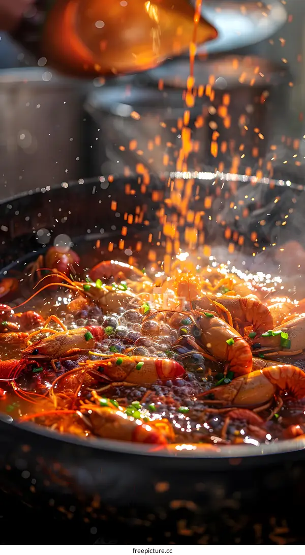 cooking crayfish in a big wok