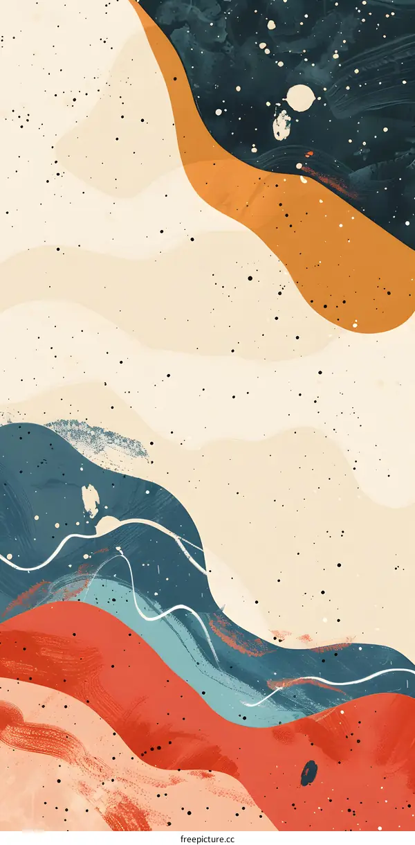 Abstract Painting with Wavy Shapes and Speckles