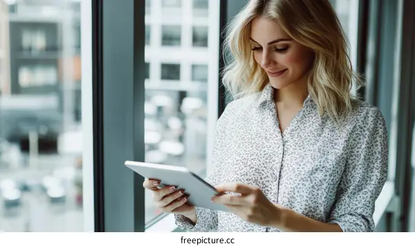 Business Woman Using Tablet by Window