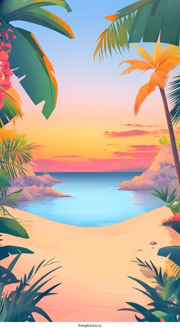 Tropical Beach Sunset Illustration