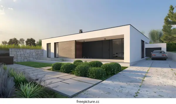 Modern House Exterior Design With Stone Wall And Green Grass