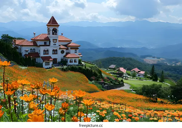 A beautiful landscape with a house and a field of flowers