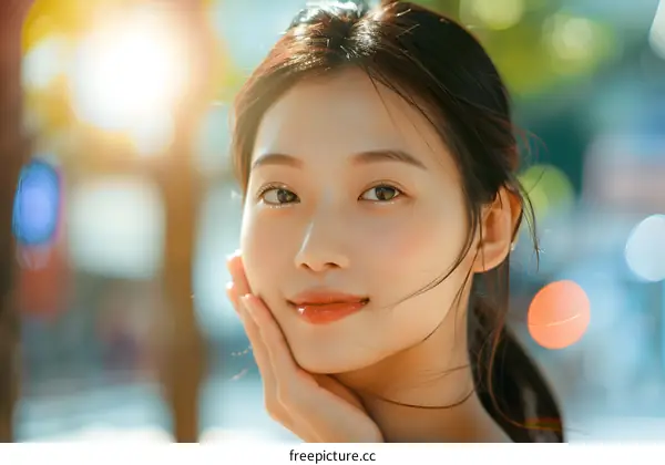 Close up portrait of a young Asian woman smiling in the sun