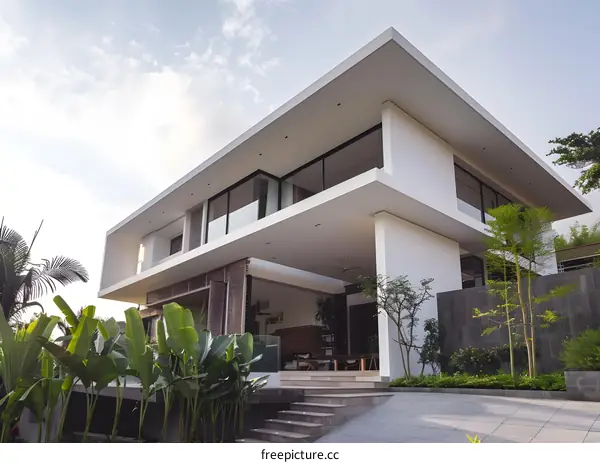 Modern White House with Green Plants and Stone Driveway