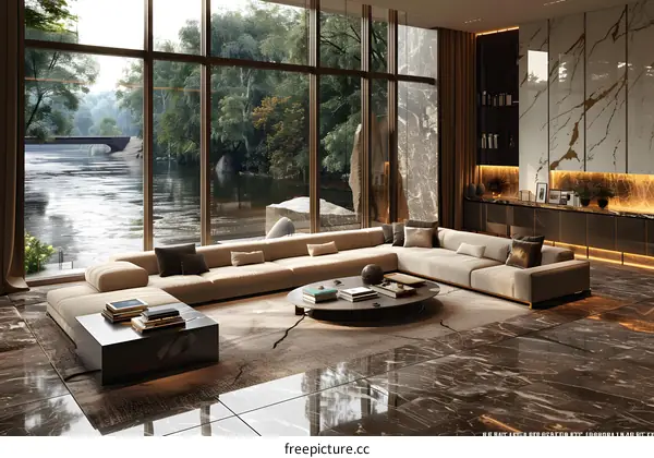 Modern minimalist living room interior with large windows overlooking river