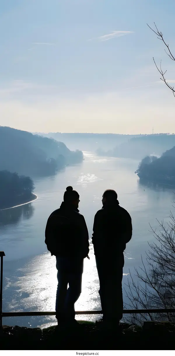 Silhouette of Two People Looking Over River and Valley