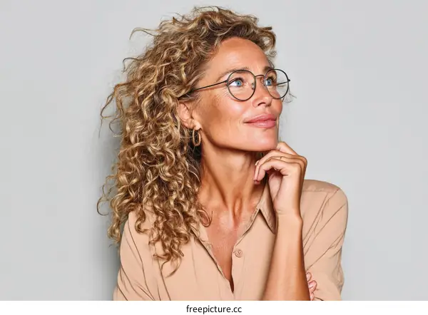 Thoughtful Woman with Curly Hair and Glasses