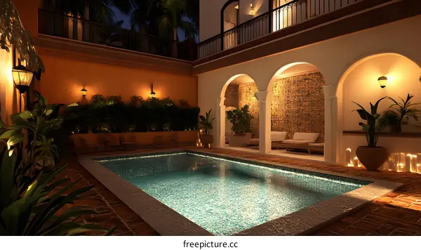 Modern Architecture Design of Patio with Swimming Pool and Plants