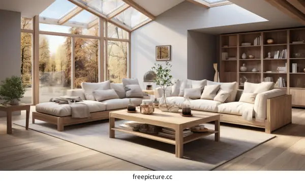 Airy and bright living room with large windows and a vaulted ceiling
