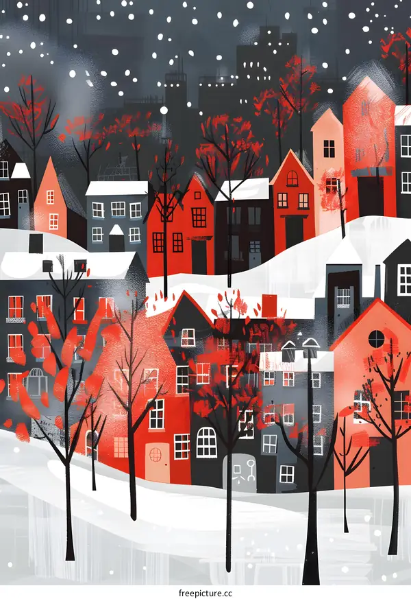 Winter Snowfall Village Illustration