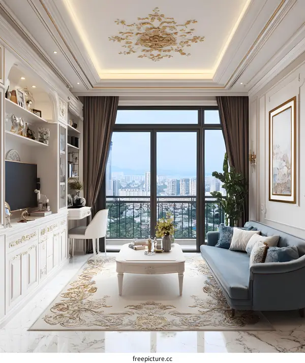 Modern Luxury Living Room Interior Design With White and Gold Furniture and City View