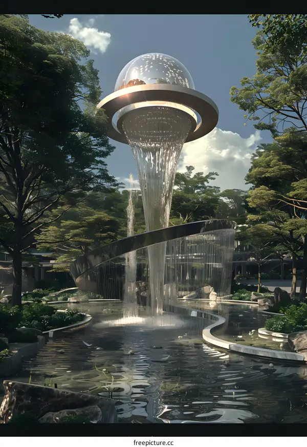 Futuristic Waterfall Fountain Design in a Park