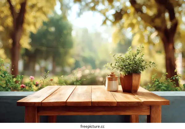 Wooden Table Outdoors with Plants and Blurred Background