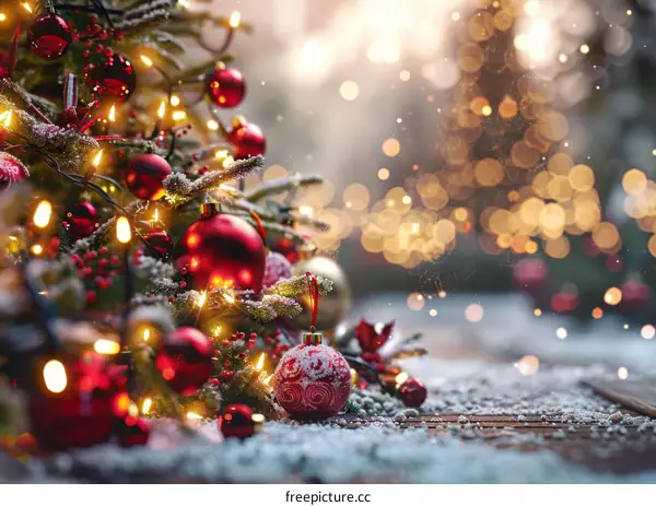 Christmas Tree with Red Ornaments and Lights