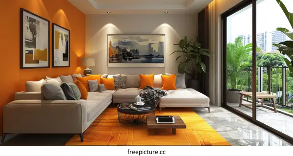 Cozy orange minimalist living room with greenery