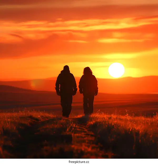 Two People Walking Towards the Sunset