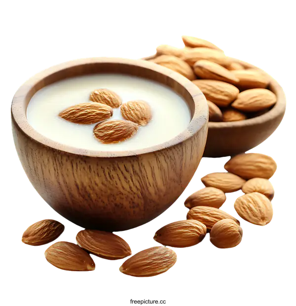 [Transparent Background PNG]Almond Milk in Wooden Bowl with Almonds