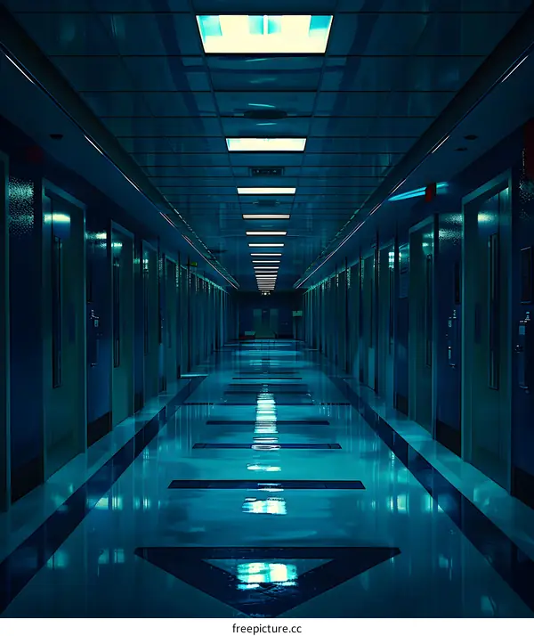 Empty Hallway With Blue Lighting And Doors
