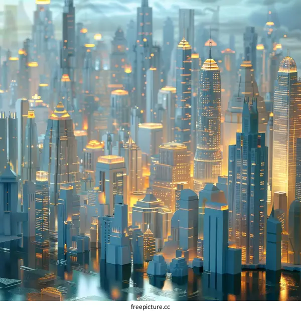 Futuristic cityscape with skyscrapers reflecting in shimmering water