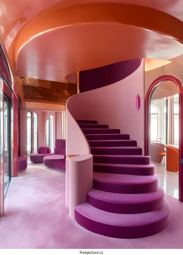Modern Pink Interior Design with Curved Staircase and Pink Sofa