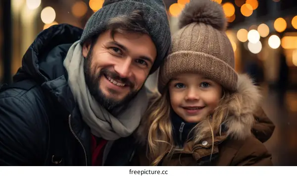 Father and daughter in winter clothes