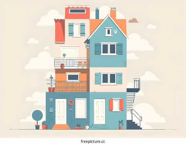 Colorful House with Balcony and Windows Illustration