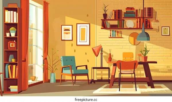 Modern Home Interior Design with Bookshelf and Table Lamp