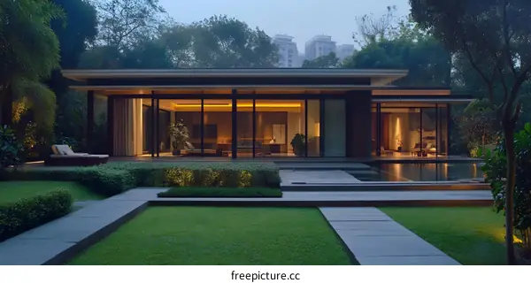 Modern Minimalist House with Swimming Pool and Lush Greenery