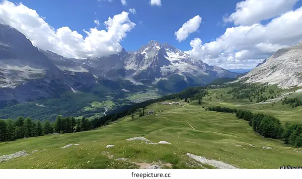 Alpine Valley View with Snowy Peaks