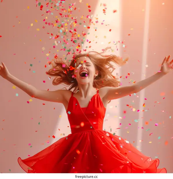 Happy young woman in red dress jumping with confetti