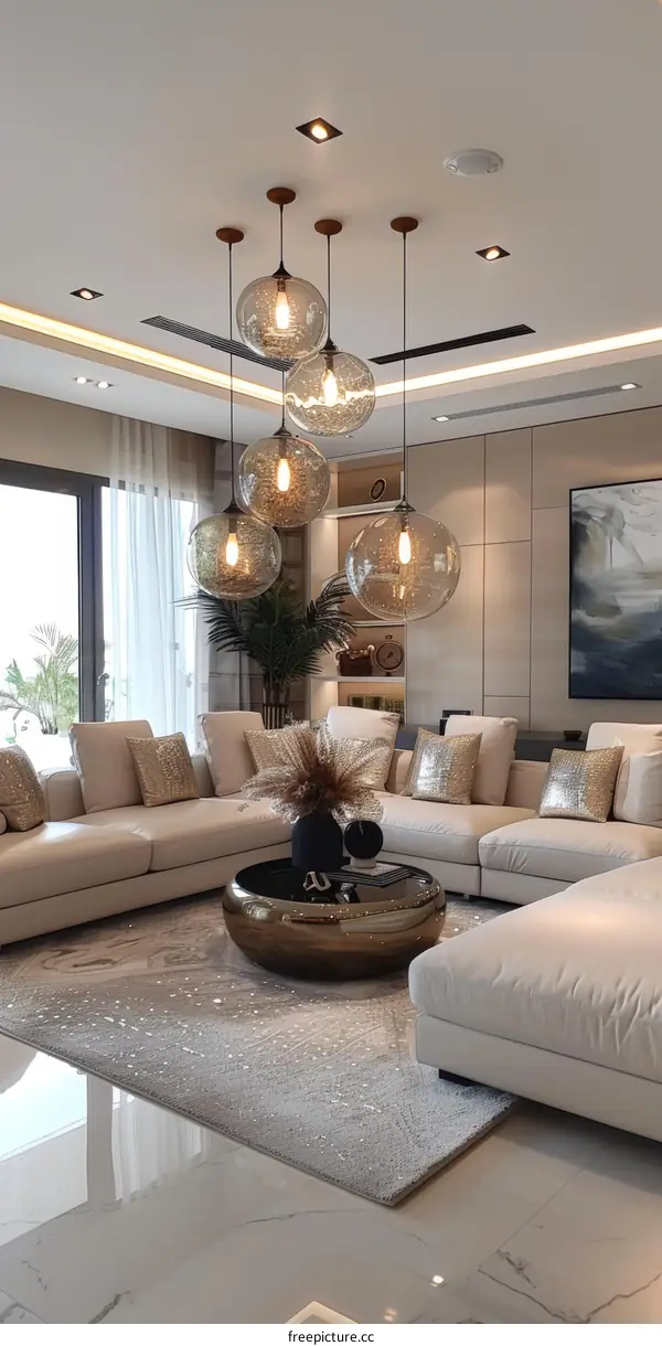 Modern living room interior design with white sofa and gold accents