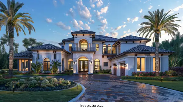 Large luxury house with palm trees in front
