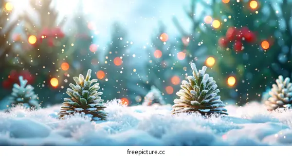 Snowy pine cones adorned with ice crystals in a winter forest