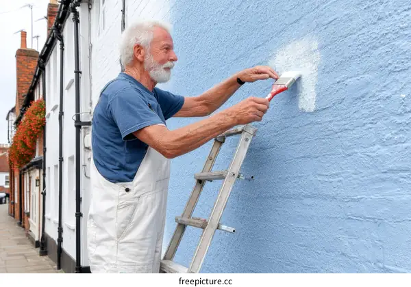 Elderly Caucasian Man Painting Exterior Wall