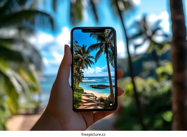 Hand holding a phone with a tropical beach photo