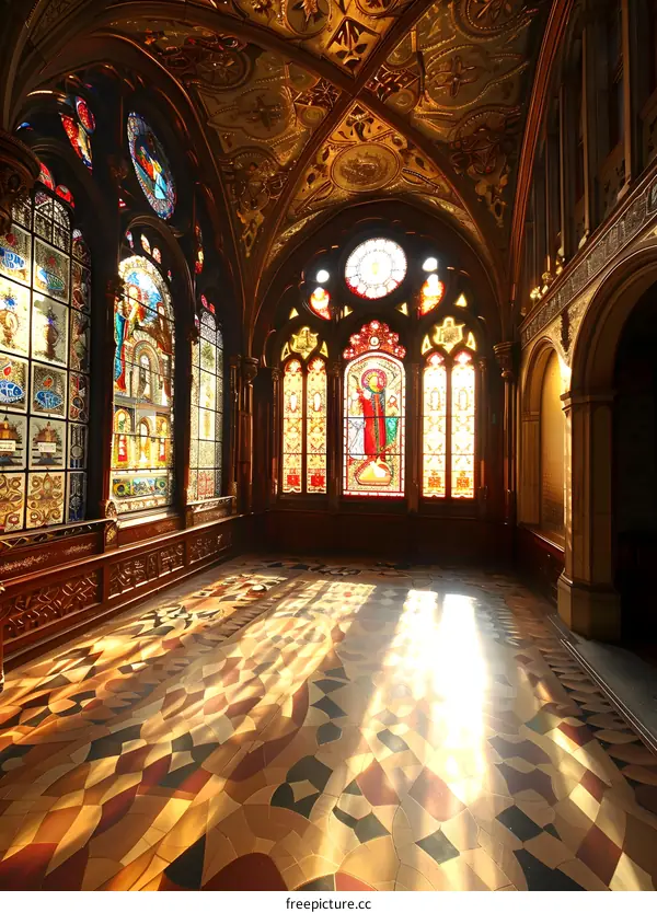 Sunlight Streaming Through Stained Glass Windows In A Historic Building