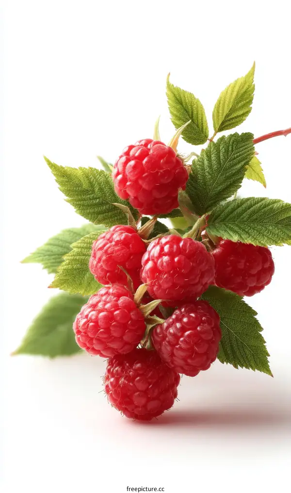 Closeup Fresh Raspberries with Green Leaves