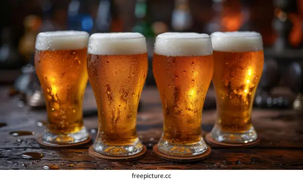 Four glasses of beer on a bar counter